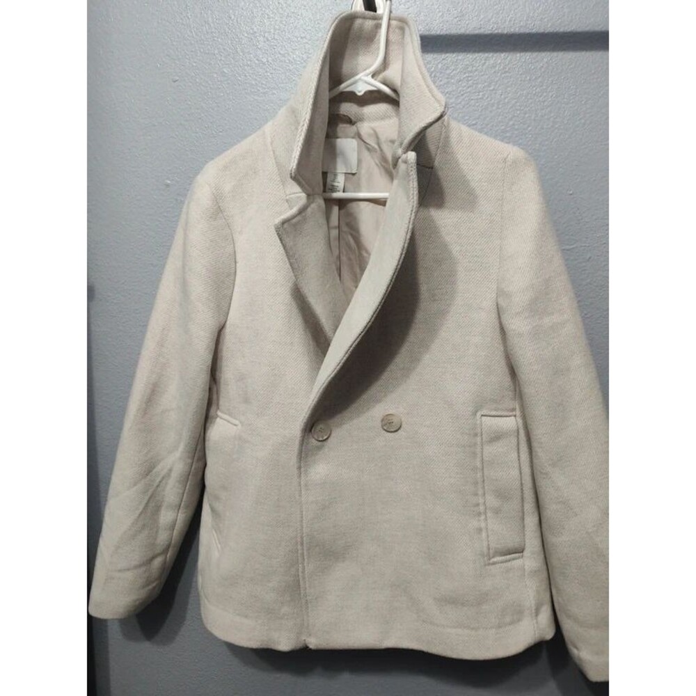 HM H&M cream women's coat peacoat overcoat double breasted S/M